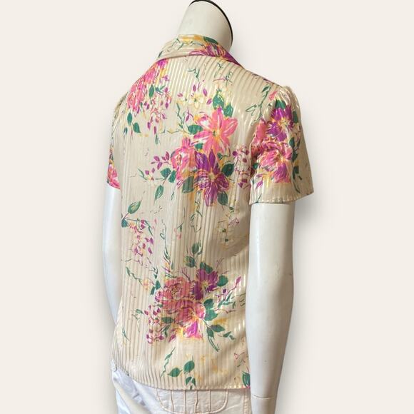 VTG Striped sheer yellow button up with purple floral prints size small - Picture 5 of 7
